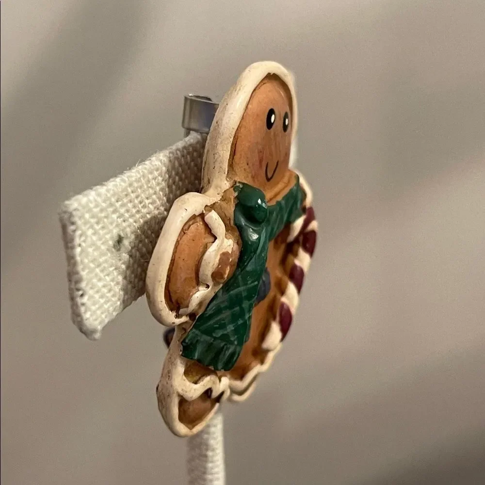 Vintage Festive Gingerbread Man Pin with Green Scarf & Candy Cane Christmas Pin